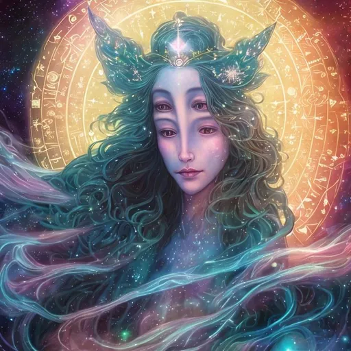 Prompt: "In the vast tapestry of the multiverse, the celestial realm of Polaris, the North Star, shines as a guiding light for explorers across dimensions. The goddess Polaris, an ethereal being of cosmic wisdom, is our cosmic navigator. She presides over the zodiac gods, offering her guidance to those who seek knowledge, harmony, and enlightenment in the universe.

In this NFT artwork, we delve into the secrets of the string theory, where the universe is a complex web of interconnected strings vibrating in harmonious resonance. These strings give birth to galaxies, planets, and the very essence of existence. Polaris, as the central figure, is portrayed as a radiant, otherworldly being adorned with constellations and zodiac symbols, signifying her connection to the stars and their influence on our destiny.

Around her, we see the solar system in all its splendor, with each planet represented in intricate detail. The sun, our life-giving star, serves as the source of knowledge and energy, illuminating the path of enlightenment.  She has human features like long flowing blonde hair and a crown of blue sapphires. Very curvy and beautiful.  She has planets behind her like Pluto, Saturn her moons, and Uranus.  Focus on the details in her face make sure she is beautiful.





