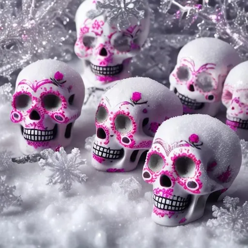 Prompt: Group of Pink Sugar Skulls in a winter wonderland 