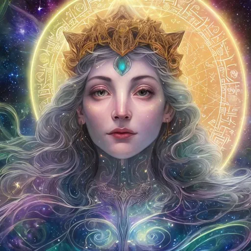 Prompt: "In the vast tapestry of the multiverse, the celestial realm of Polaris, the North Star, shines as a guiding light for explorers across dimensions. The goddess Polaris, an ethereal being of cosmic wisdom, is our cosmic navigator. She presides over the zodiac gods, offering her guidance to those who seek knowledge, harmony, and enlightenment in the universe.

In this NFT artwork, we delve into the secrets of the string theory, where the universe is a complex web of interconnected strings vibrating in harmonious resonance. These strings give birth to galaxies, planets, and the very essence of existence. Polaris, as the central figure, is portrayed as a radiant, otherworldly being adorned with constellations and zodiac symbols, signifying her connection to the stars and their influence on our destiny.

Around her, we see the solar system in all its splendor, with each planet represented in intricate detail. The sun, our life-giving star, serves as the source of knowledge and energy, illuminating the path of enlightenment.  She has human features like long flowing blonde hair and a crown of blue sapphires. Very curvy and beautiful.  She has planets behind her like Pluto, Saturn her moons, and Uranus.





