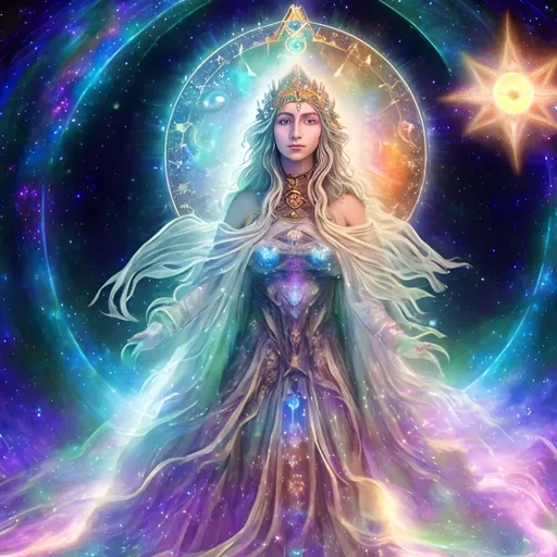 Prompt: "In the vast tapestry of the multiverse, the celestial realm of Polaris, the North Star, shines as a guiding light for explorers across dimensions. The goddess Polaris, an ethereal being of cosmic wisdom, is our cosmic navigator. She presides over the zodiac gods, offering her guidance to those who seek knowledge, harmony, and enlightenment in the universe.

In this NFT artwork, we delve into the secrets of the string theory, where the universe is a complex web of interconnected strings vibrating in harmonious resonance. These strings give birth to galaxies, planets, and the very essence of existence. Polaris, as the central figure, is portrayed as a radiant, otherworldly being adorned with constellations and zodiac symbols, signifying her connection to the stars and their influence on our destiny.

Around her, we see the solar system in all its splendor, with each planet represented in intricate detail. The sun, our life-giving star, serves as the source of knowledge and energy, illuminating the path of enlightenment.  She has a bright Pink planet behind her. She is near a black hole taking in a star.





