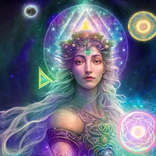 Prompt: "In the vast tapestry of the multiverse, the celestial realm of Polaris, the North Star, shines as a guiding light for explorers across dimensions. The goddess Polaris, an ethereal being of cosmic wisdom, is our cosmic navigator. She presides over the zodiac gods, offering her guidance to those who seek knowledge, harmony, and enlightenment in the universe.

In this NFT artwork, we delve into the secrets of the string theory, where the universe is a complex web of interconnected strings vibrating in harmonious resonance. These strings give birth to galaxies, planets, and the very essence of existence. Polaris, as the central figure, is portrayed as a radiant, otherworldly being adorned with constellations and zodiac symbols, signifying her connection to the stars and their influence on our destiny.

Around her, we see the solar system in all its splendor, with each planet represented in intricate detail. The sun, our life-giving star, serves as the source of knowledge and energy, illuminating the path of enlightenment.  She has a bright Pink planet behind her. 





