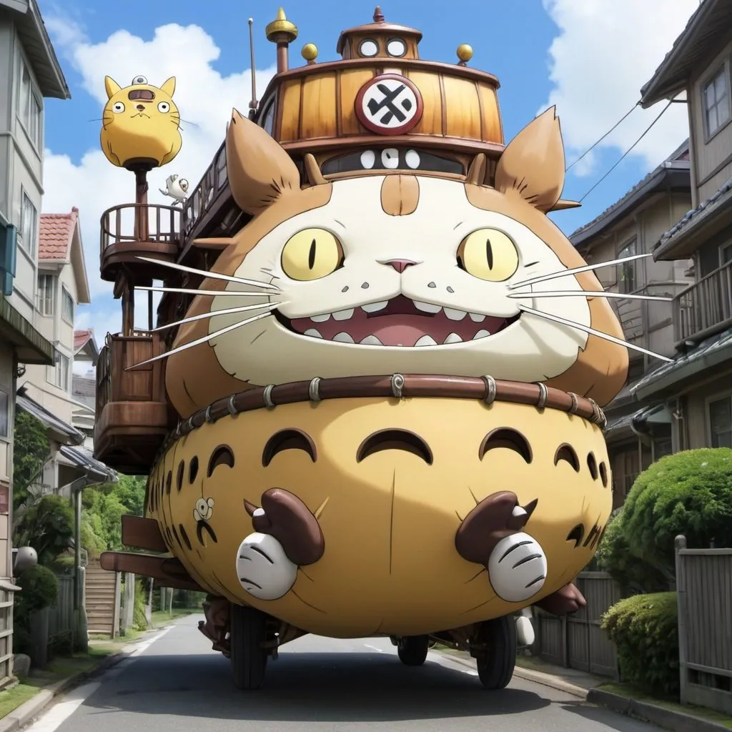 Prompt: A fusion between One Piece's Going Merry ship, and My neighbor Totoro's Catbus