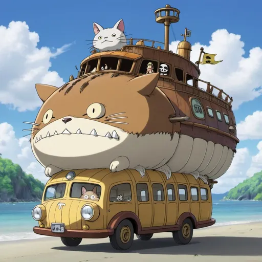 Prompt: A fusion between One Piece's Going Merry ship, and My neighbor Totoro's Catbus