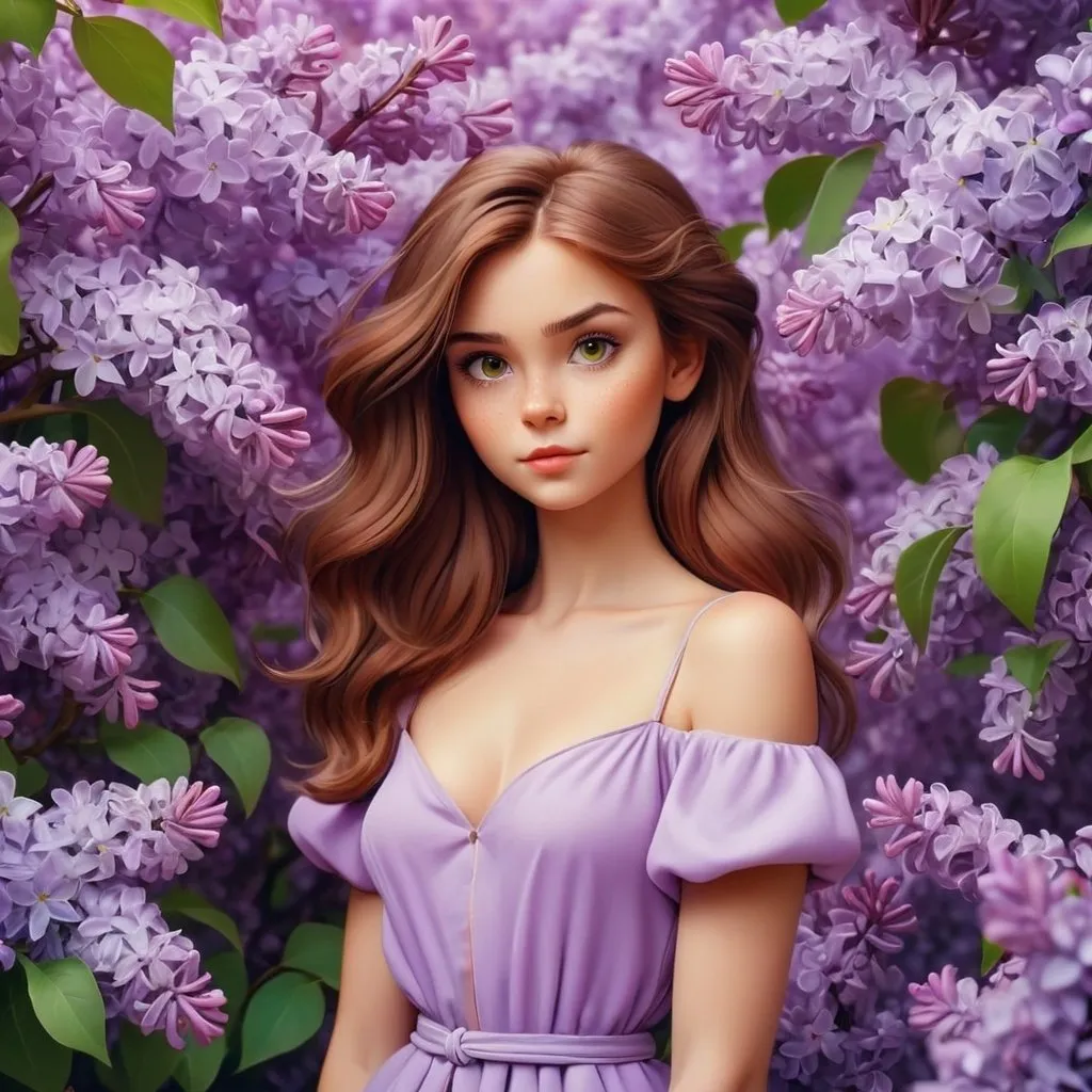 Prompt: A beautiful girl with brown hair stands in the middle of lilac, the background is full of lilac flowers. beautiful,stylization,16k,poster