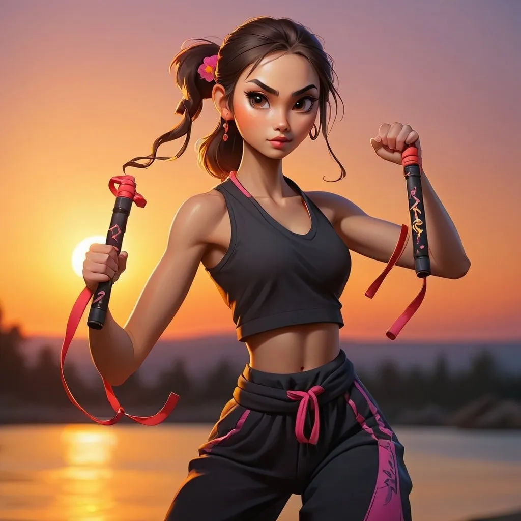 Prompt: beautiful girl,holding nunchucks in her hands, sunset dance, stylization,16K,hyperdetalization