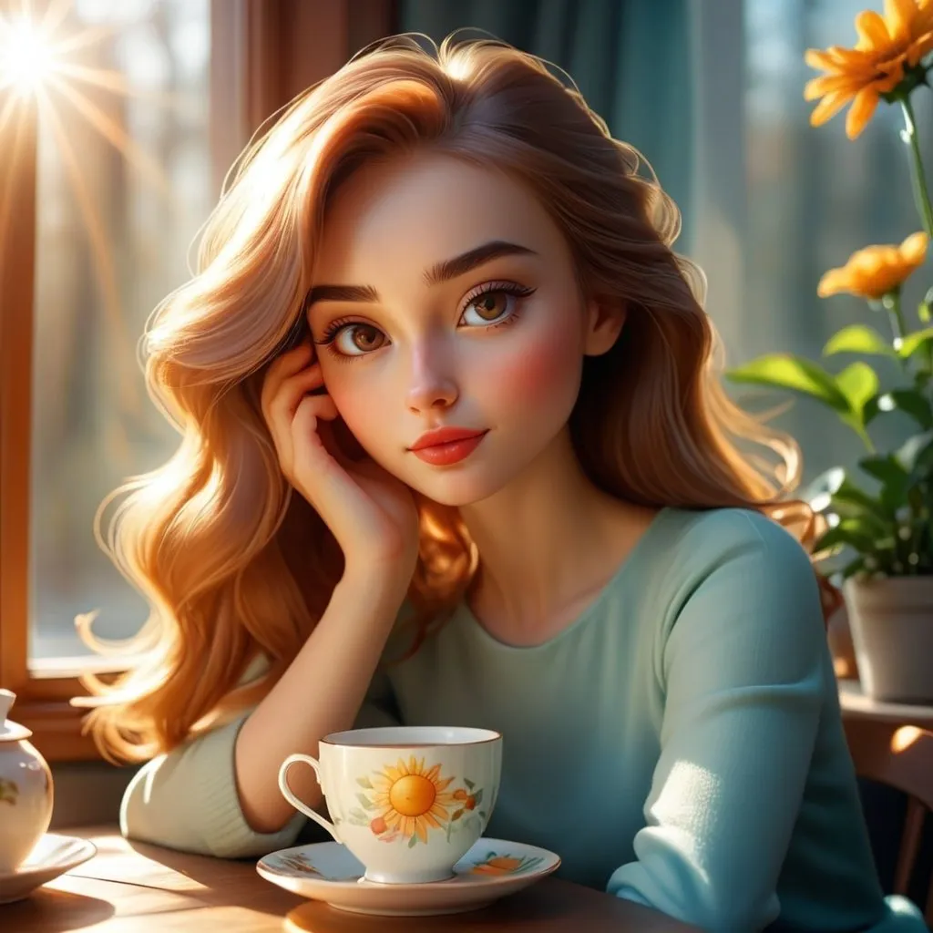 Prompt: a beautiful girl with a beautiful face is sitting at a table, drinking tea, the bright sun is shining through the window. stylization,16k,poster,hyperdetalization