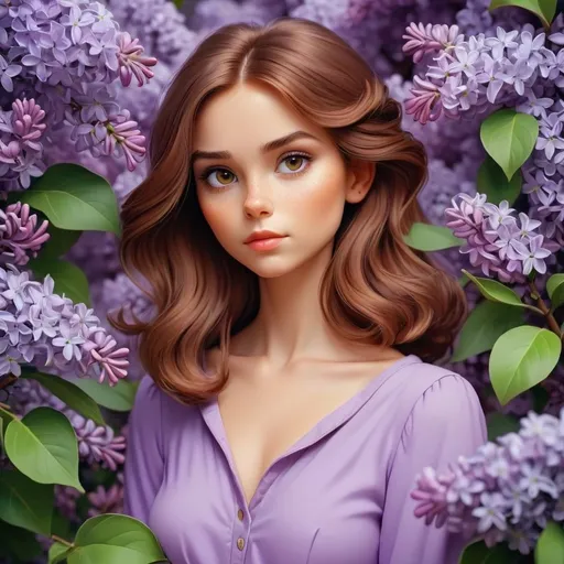 Prompt: A beautiful girl with brown hair stands in the middle of lilac, the background is full of lilac flowers. beautiful,stylization,16k,poster