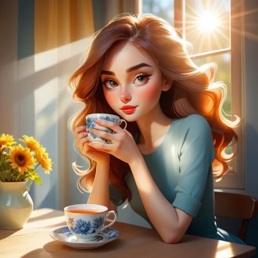 Prompt: a beautiful girl with a beautiful face is sitting at a table, drinking tea, the bright sun is shining through the window. stylization,16k,poster,hyperdetalization