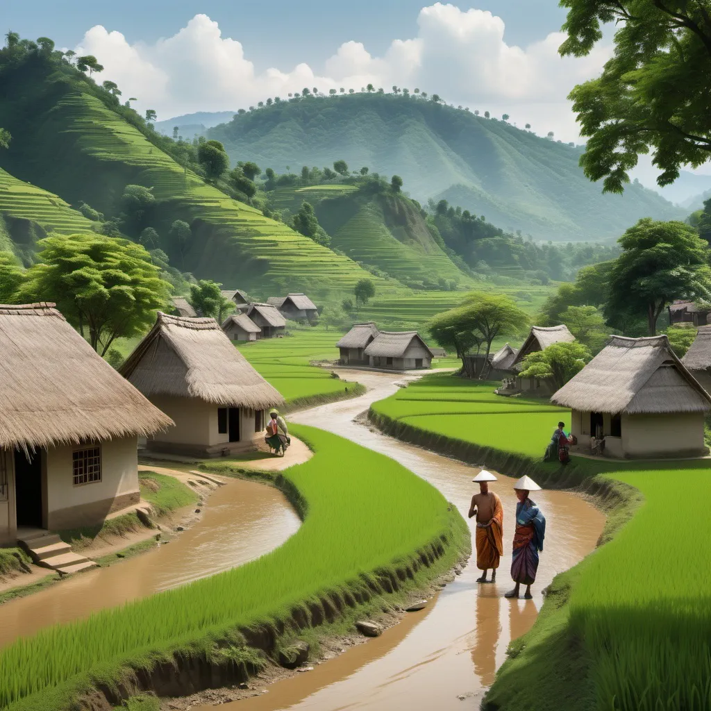 Prompt: A peaceful village scene with small mud houses and thatched roofs, set in a lush green landscape with tall trees, open fields, and narrow dirt paths winding between homes. In the background, rolling hills and a river flow calmly. Villagers in traditional clothing are seen going about their daily routines—some carrying water, others working in the fields. Livestock like cows and chickens wander around freely, and children are playing near a big tree in the center of the village. The sky is bright and clear, with soft sunlight creating a warm, inviting atmosphere.