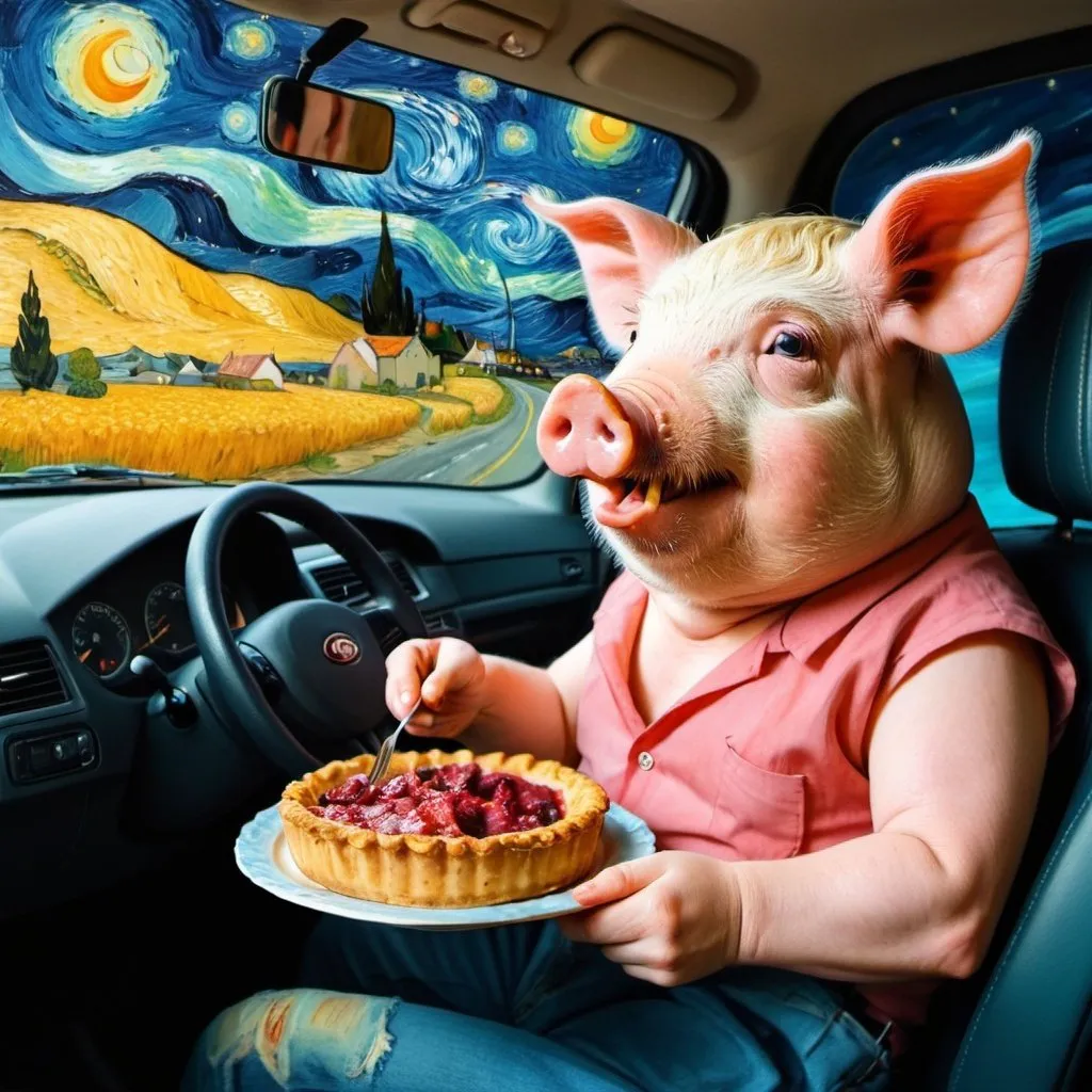 Prompt: a pig eating a piece of pie while driving a car in the style of van gogh