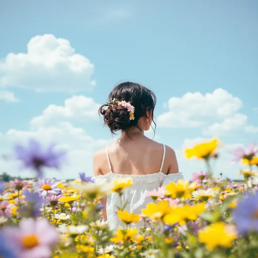 Prompt: a woman sitting in a field of flowers with the sun shining bright and bouncy clouds above. The woman has her back facing the camera