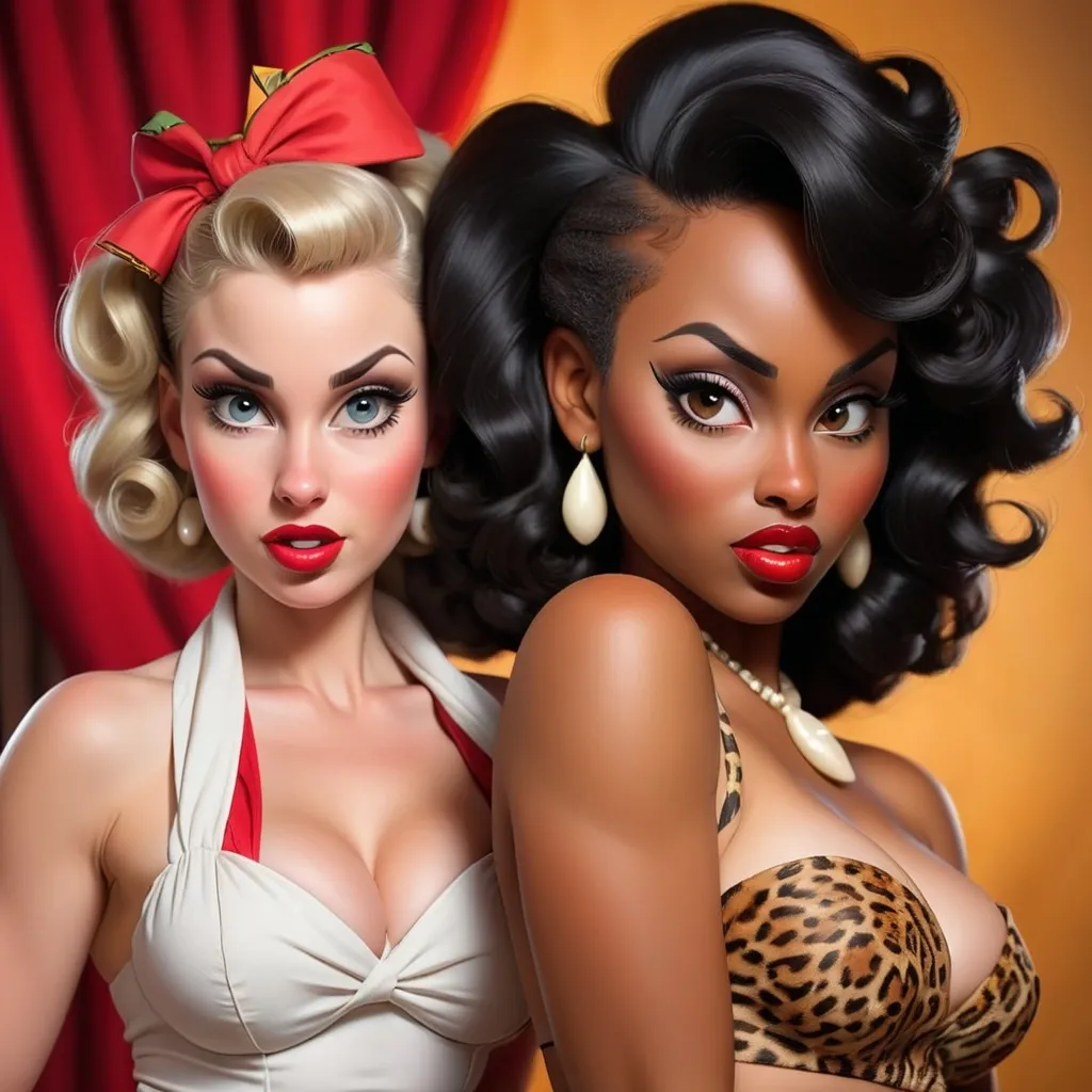 Prompt: a white woman dressed as an exotic pinup and an African American woman both sensual and alluring