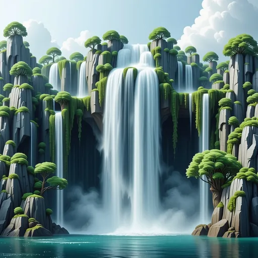 Prompt: magical waterfall with floating islands - water flowing into the sky and tiny floating island