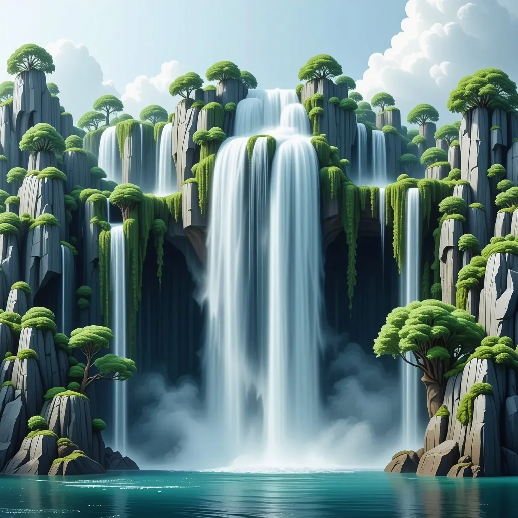 Prompt: magical waterfall with floating islands - water flowing into the sky and tiny floating island