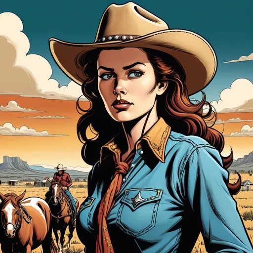 Prompt: Woman cowboy, landfields, detailed, bright  dramatic colors, graphic illustration,  3d shaded retro comic book
