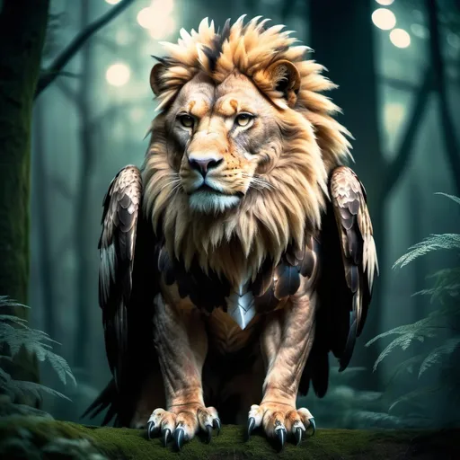Prompt: Eagle-lion hybrid in a mystical forest, animal hybrid of an eagle and a lion, mix of lion and eagle, high quality, atmospheric lighting