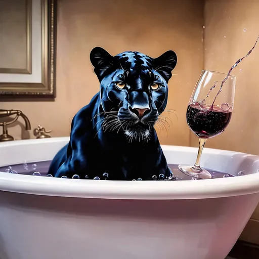 Prompt: create a hyper realistic painting of a black panther sitting a bathtub with a lot of bubbles. she is sipping on a glass of wine. high quality