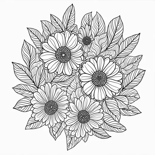 Prompt: (black and white) intricate floral designs, cartoon style, detailed patterns, whimsical elements, enchanting flowers, textured outlines, suitable for coloring pages,