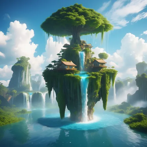 Prompt: magical waterfall with floating islands - water flowing into the sky and tiny floating island