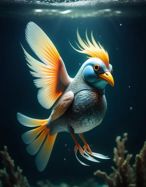 Prompt: fish-bird hybrid animal, mixture of fish and bird, bird with fish texture under water, high quality, atmospheric lighting