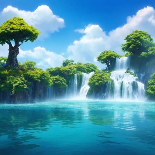 Prompt: magical waterfall with floating islands - water flowing into the sky and tiny floating island
