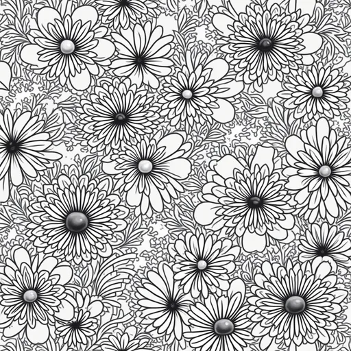 Prompt: (black and white) intricate floral designs, cartoon style, detailed patterns, whimsical elements, enchanting flowers, textured outlines, suitable for coloring pages,