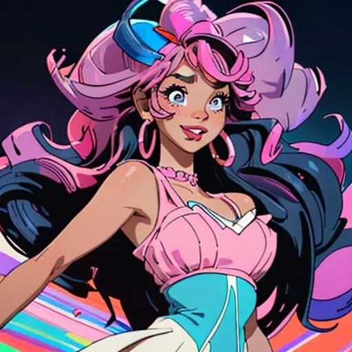 Prompt: A euphoric cartoon image in vibrant black and white, featuring an Afro-Latina woman with exaggerated large hot pink lips and oversized neon pink hoop earrings. She has long, puffy, curly hair that dances around her shoulders. Set against a soft gradient of warm pastel hues, the triptych art design showcases her joyful expression, enhanced by the fluid, organic patterns of alcohol ink in the background, creating an immersive and captivating visual experience.