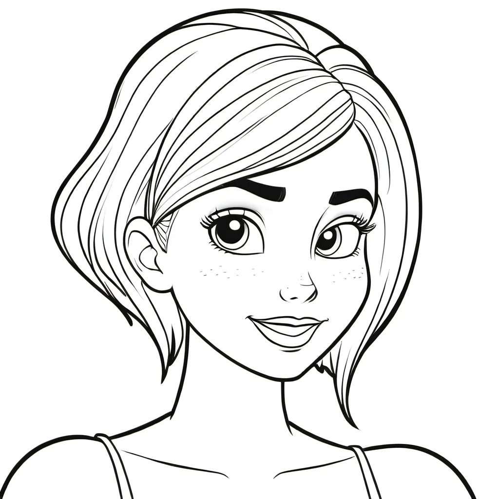 Prompt: Disney style female hair is shaved in the back and sides of her head with top of the hair long in the front.  She has a smirk on her face, Coloring pages
