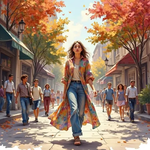 Prompt: Tall young woman walking down the high street, detailed clothing, realistic, natural lighting