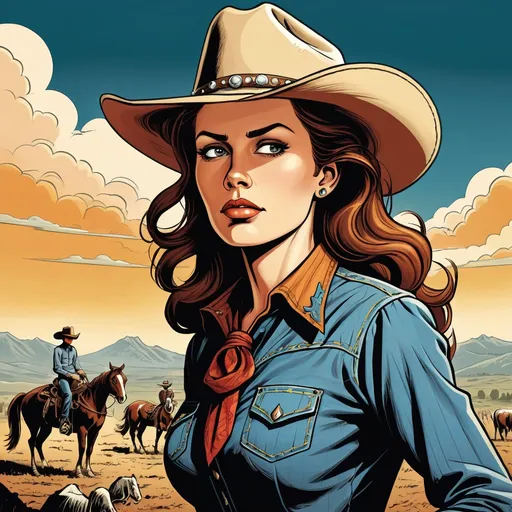 Prompt: Woman cowboy, landfields, detailed, bright  dramatic colors, graphic illustration,  3d shaded retro comic book