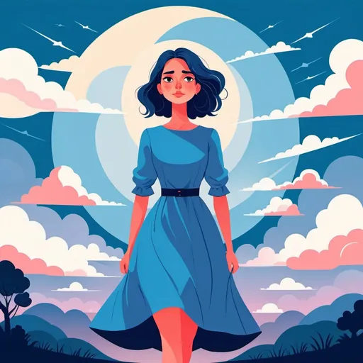 Prompt: 2d flat art, a woman in a BLUE dress, vector art, cloudy day, cover art, bright colors, cute illustration
