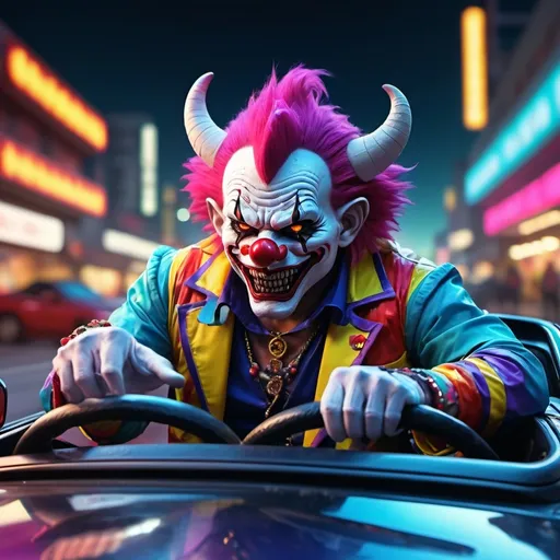 Prompt: rakshasha demon white face clown reptilian driving a convertible race car