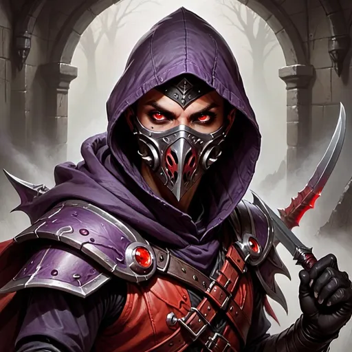 Prompt: a human male bloodhunter from dungeons and dragons with one grey eye and one red eye wearing a mask and hood wielding dual twinblades 