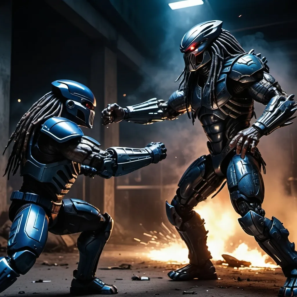 Prompt: predator fights robocop