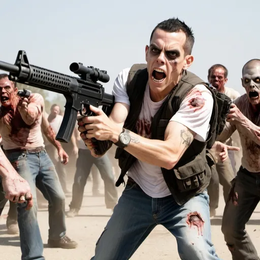 Prompt: Steve-o fighting off a zombie horde with machine guns.