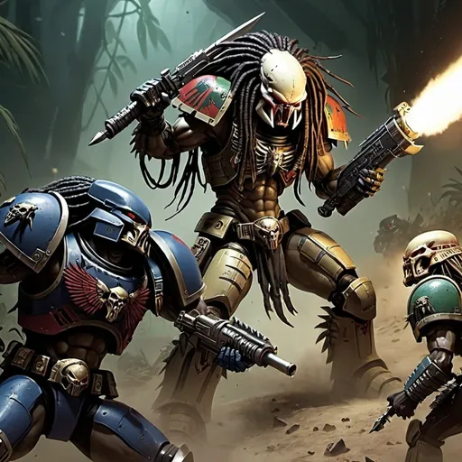 Prompt: predator fighting warhammer 40k
