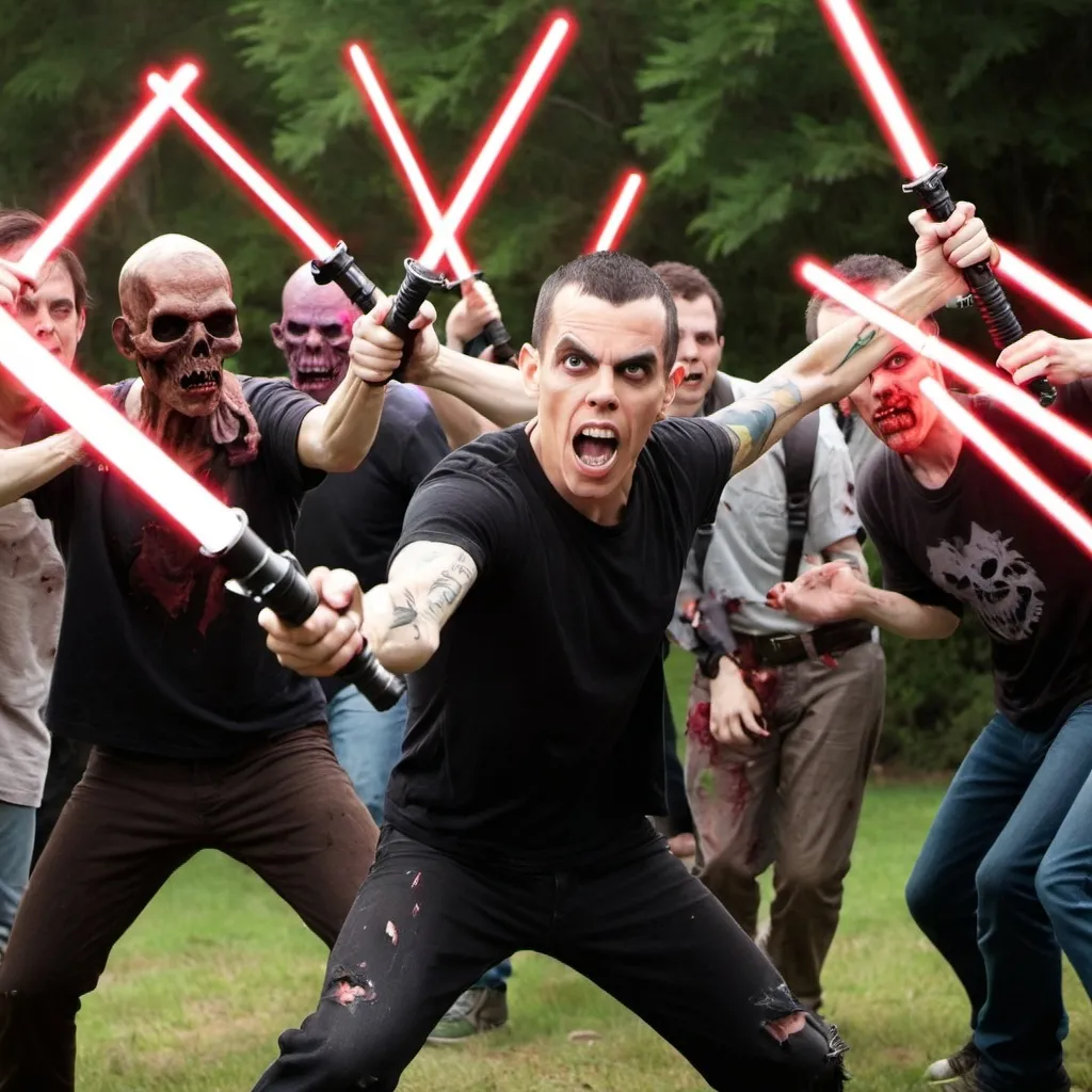 Prompt: Steve-o fighting off a zombie horde with lightsabers