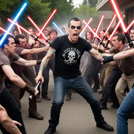 Prompt: Steve-o fighting off a zombie horde with lightsabers