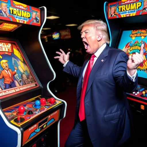 Prompt: donald trump playing arcade games while yelling
