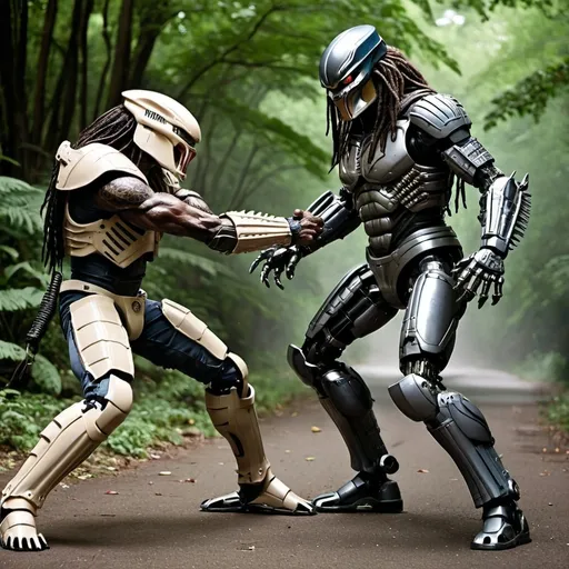 Prompt: predator fights robocop