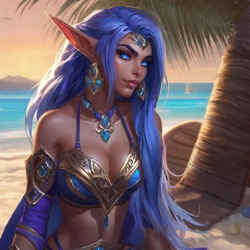 Prompt: Datailed character art World of Warcaft female Night Elf, chill on beach, swimsuit, ultra-detailed, blue eyes