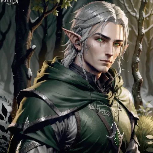Prompt: Datailed character art a male Tolkien high elf hunter, balck hood, gray-haired,green eyes, ultra-detailed, near night forest, fantasy style 