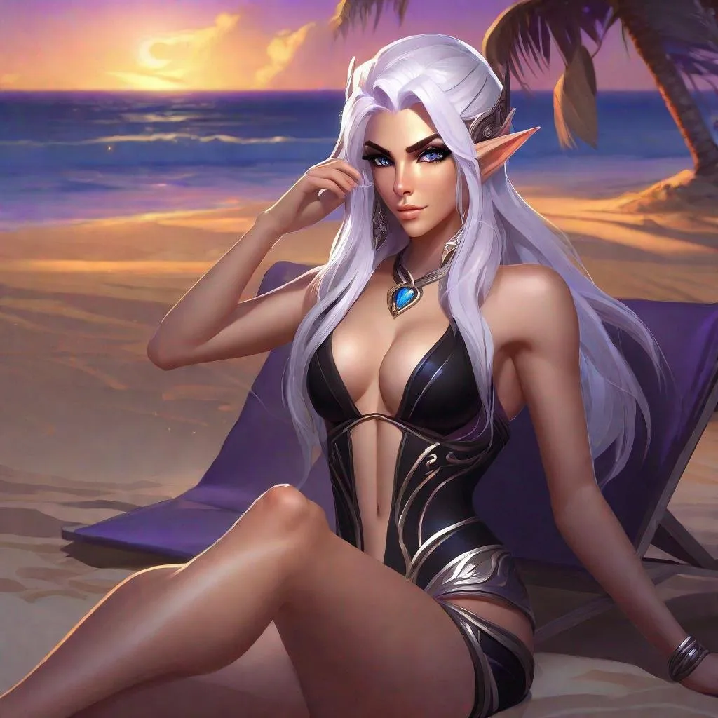 Prompt: Datailed character art World of Warcaft female Night Elf, chill on beach,amber eyes, white hair,black swimsuit, ultra-detailed