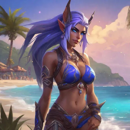 Prompt: Datailed character art World of Warcaft female Night Elf, chill on beach, swimsuit, ultra-detailed, blue eyes