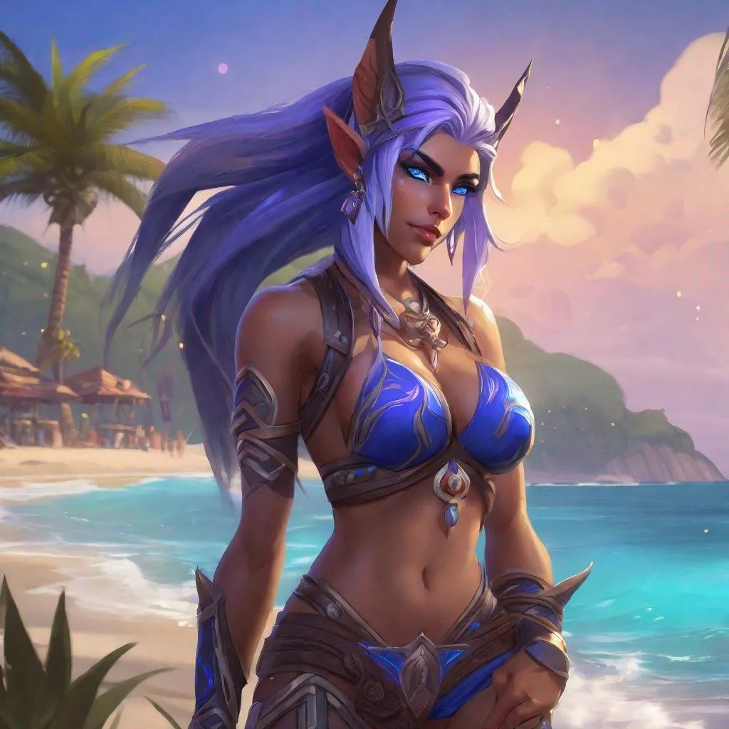 Prompt: Datailed character art World of Warcaft female Night Elf, chill on beach, swimsuit, ultra-detailed, blue eyes