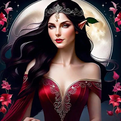 Prompt: The elf is an elegant and refined creature with long, dark hair cascading in soft waves down her back. Her hair, like silk, reflects a crimson hue in the moonlight, creating a sense of mystery and elegance. The dark shade of her hair contrasts with her pale skin, which gleams softly, like the petals of a moonflower.

The elf's eyes are deep and piercing, colored like the twilight sky. They sparkle with unearthly wisdom and mystery, like windows to a soul veiled by time. Their shape resembles lotus petals, and their gaze penetrates the hearts of the mightiest warriors and sages.

Her face is adorned with delicate features, the symmetry of which creates a perfect blend of beauty and mystery. Her nose is slightly upturned, and her lips are delicately tinted with the color of rose quartz, like kissing flower petals.

The elf is dressed in a light dress made of fabric that seems imbued with moonlight. The dress clings to her graceful figure, accentuating her elegance and grace. Silver bracelets adorned with intricate patterns sparkle on her slender wrists, and around her neck hangs a silver necklace with an emerald gemstone that shines like a star in the sky.

The elf stands at the edge of a forest clearing, where the moonlight filters through the foliage, creating a play of shadows and light. In her eyes reflects boundless wisdom of the ages, and her long hair is like a sea wave, beckoning those who are ready to immerse themselves in the world of elven forest mysteries and secrets.