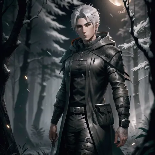 Prompt: Datailed character art a male hunter, in balck hood, gray-haired,pale eyes, near night forest, ultra-detailed, fantasy