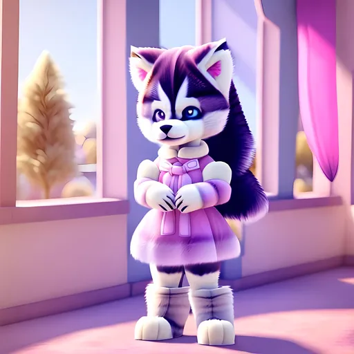 Prompt: cartoon drawing of a furry husky little girl with pink and white fur, stood in a preschool classroom in a pink dress, stood in front of a window in early fall