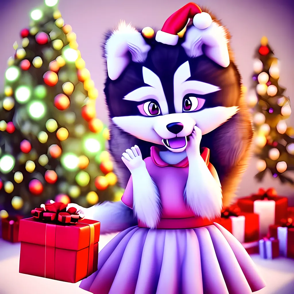 Prompt: A furry husky little girl wearing a party dress, standing in front of a christmas tree, facing the camera and holding a present, in an anime style