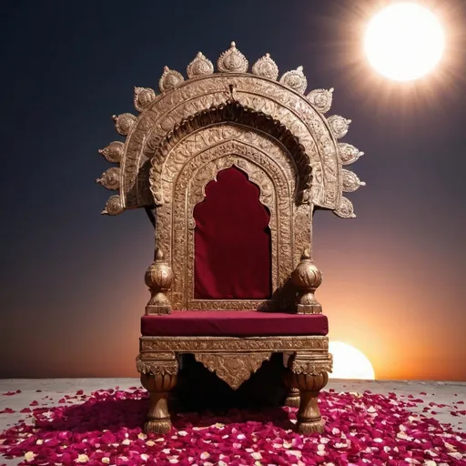 Prompt: a indian throne with sun in the background and dark sky rose petals falling 
